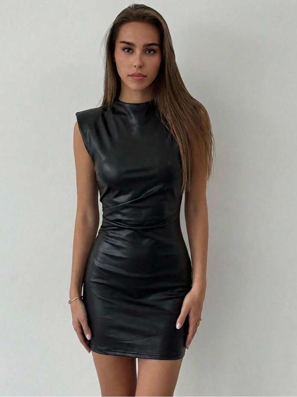 NWT. Zara Black Faux Leather Mini Dress with Shoulders Pads. Size S.